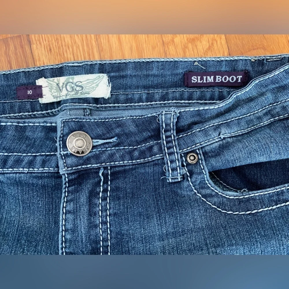 VGS Jeans Womens Size 10 Slim Boot Flap Pockets Thick Stitch Blue Denim